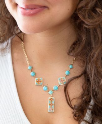 Barse Talavera Tile and Blue Turquoise Golden Y Necklace 49090₽