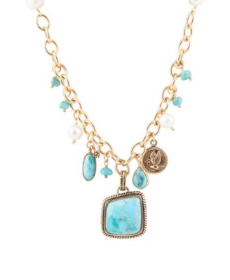 Blue Turquoise and White Cultivated Pearl Multi Pendant Necklace