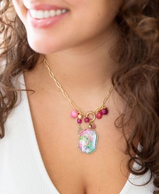 Scenic Pink Flamingo Agate Golden Pendant Necklace