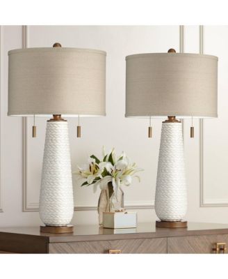 Kingston Modern Mid Century Table Lamps 32 3/4" Tall Set of 2 White Textured Ceramic Taupe Drum Shade for Bedroom Living Room Home