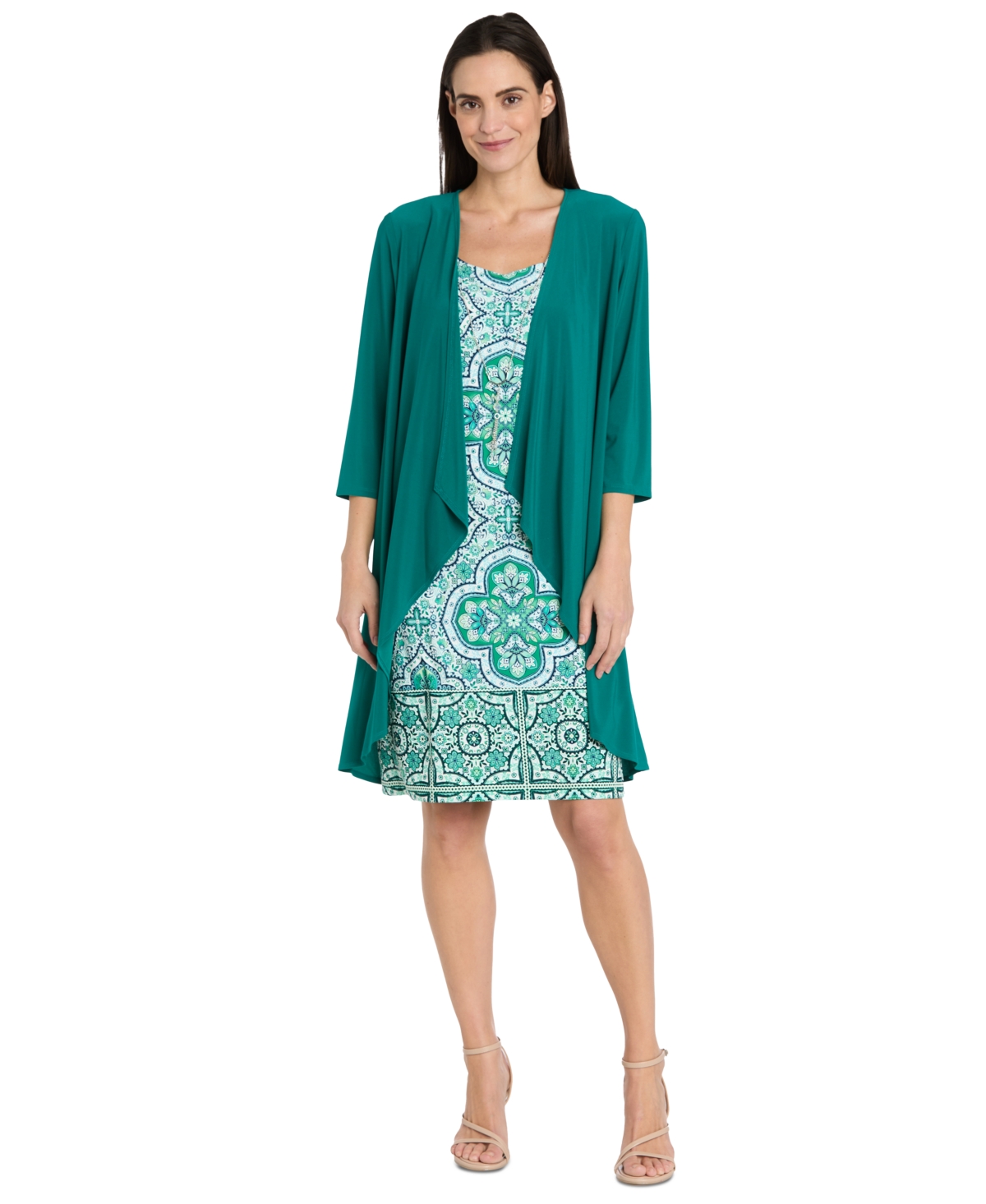 Women's Drape-Front Jacket and Necklace Dress Set - Green