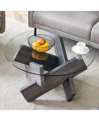Streamdale Round Coffee Table – 1 Pc, Tempered Glass & MDF, 33.4" Diameter, Grey Patterned Legs, Modern Living Room Furniture