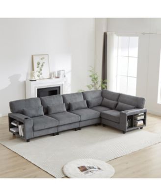 Streamdale L-Shaped Corduroy Sectional Sofa with Storage & Cup Holder