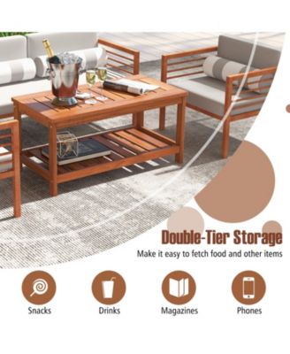 2-Tier Patio Coffee Table with Slatted Tabletop and Shelf