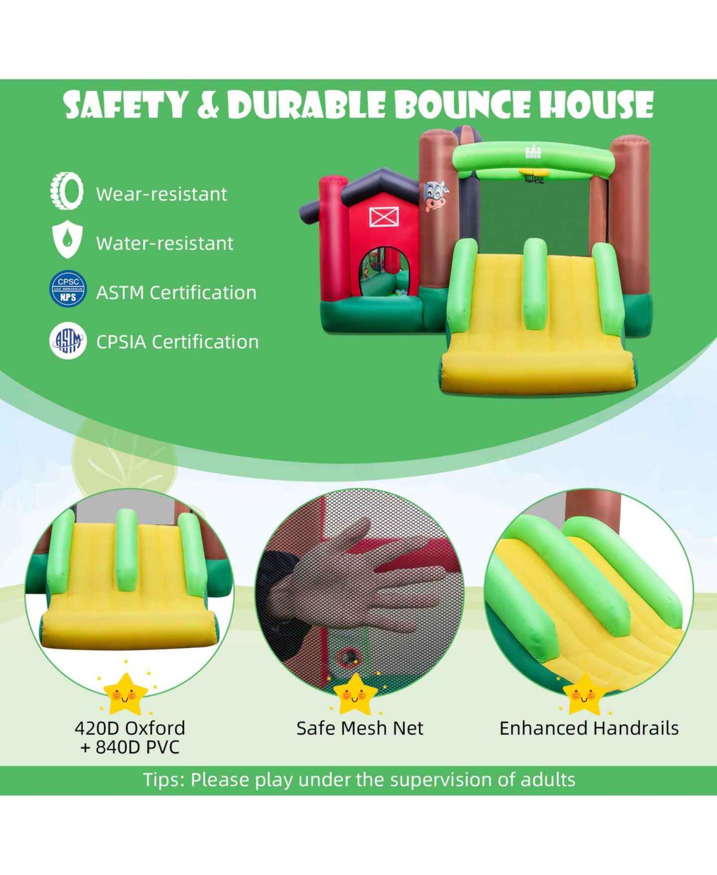 Детские игрушки GOUUN 6-in-1 Inflatable Bounce House with Double Slides, 140" x 130" x 87", Ages 3-10, цвет: Зелёный — фото 8