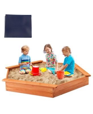 Hexagon Wooden Cedar Sand Box w Seat Boards