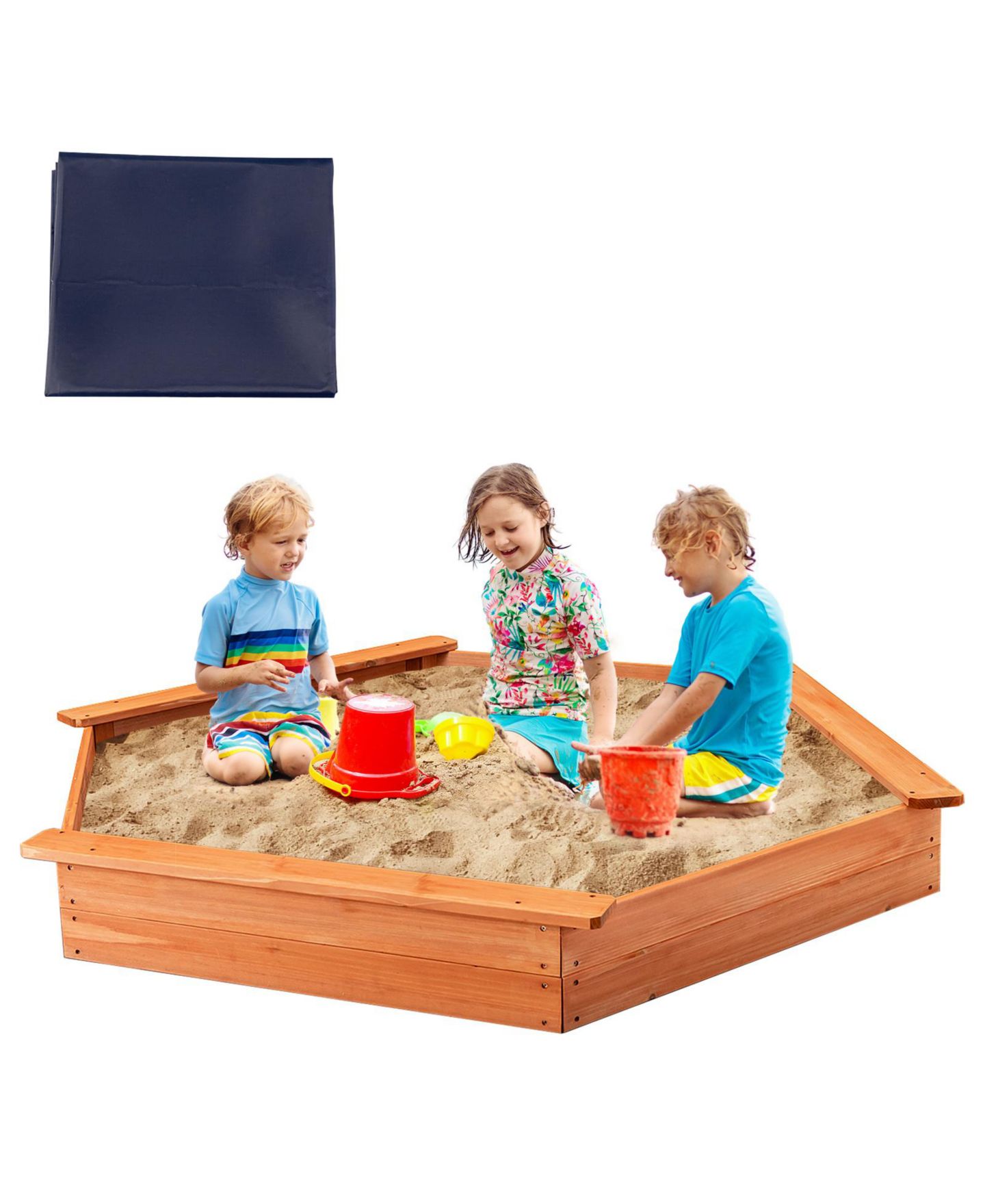 Детские игрушки Mecale Hexagon Wooden Cedar Sand Box w Seat Boards, цвет: Натуральный — фото 2
