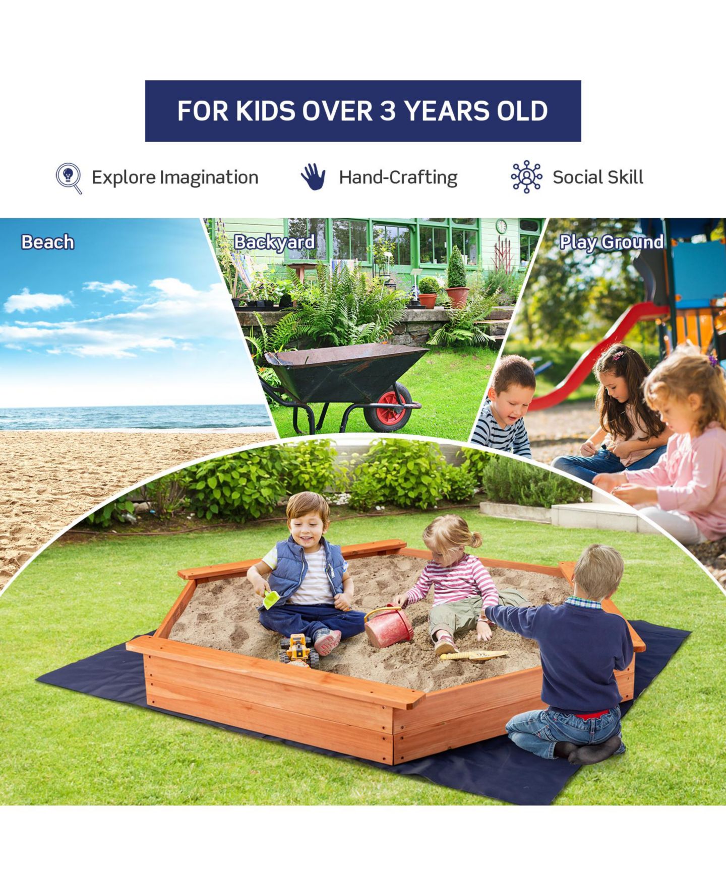 Детские игрушки Mecale Hexagon Wooden Cedar Sand Box w Seat Boards, цвет: Натуральный — фото 8