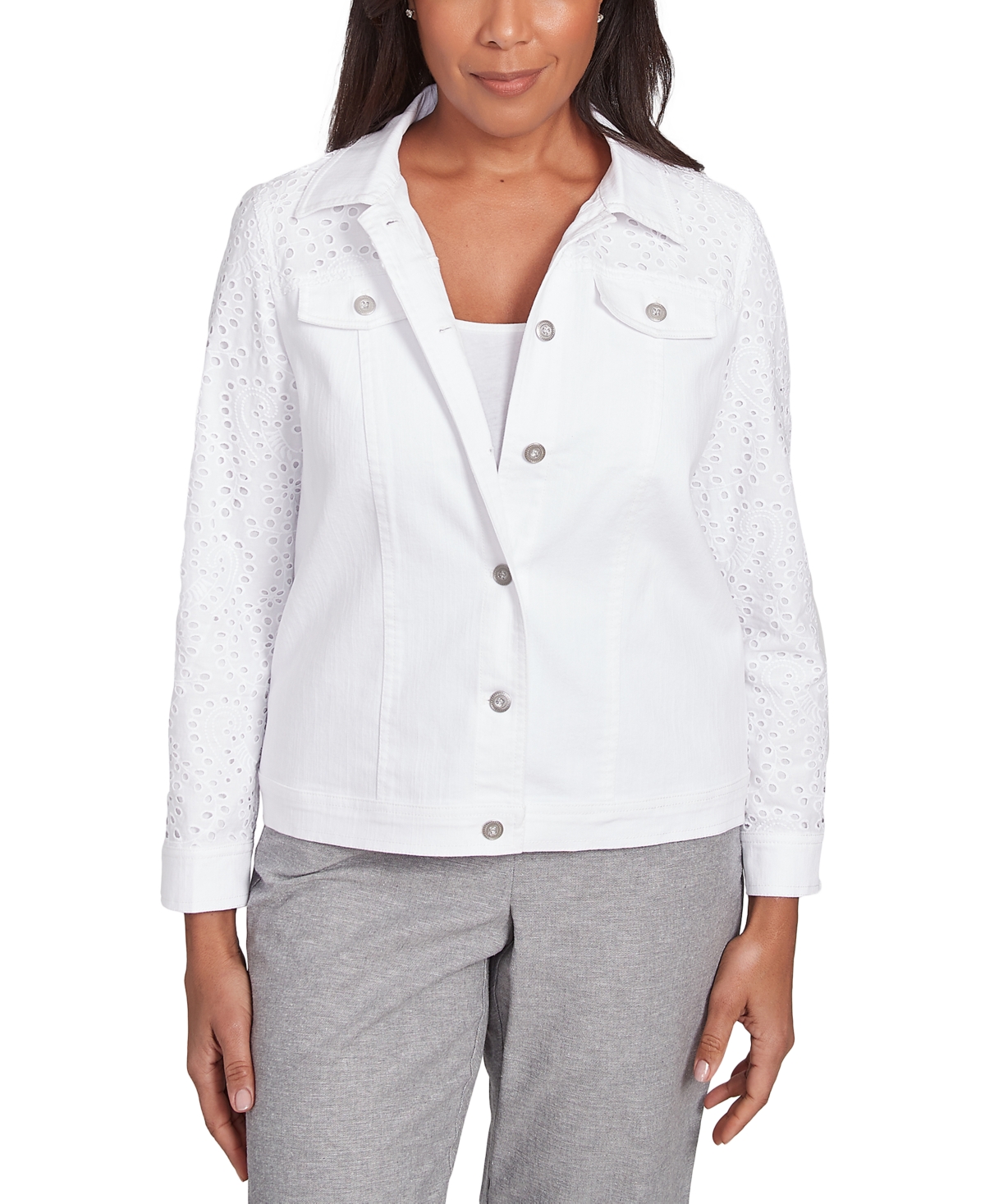 Petite Eyelet Button-Front Denim Jacket - White