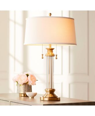 Rolland Traditional Table Lamps 30" Tall Set of 2 Antique Brass Crystal Off White Drum Shade for Bedroom Living Room Nightstand