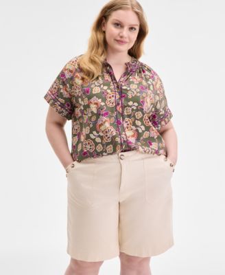 Trendy Plus Size Pleated Collar Piping-Trim Shirt