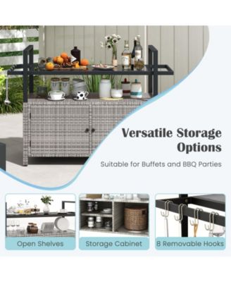 Outdoor Bar Cart Wicker Buffet Serving Cart with Cabinet and 8 Hooks-Gray