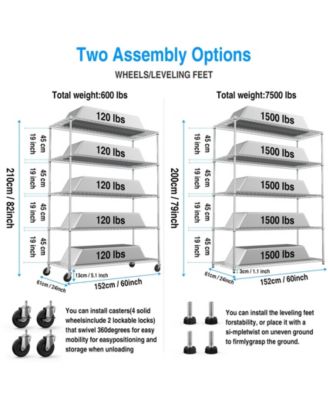 5 Tier 7500lbs Heavy Duty Adjustable Storage Rack Metal Shelf Wire Shelving Unit with Wheels & Shelf Liners - 82" H x 60" L x 24" D - Chrome