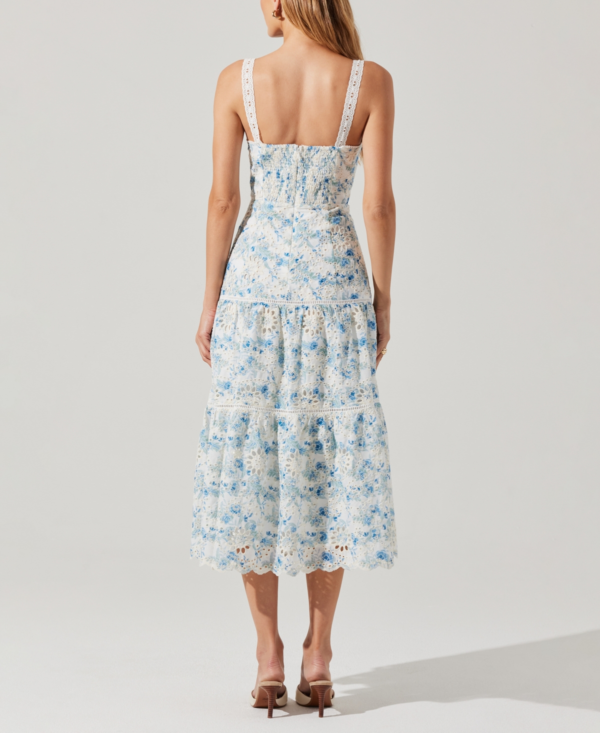 Astr Pellagia Floral Eyelet Midi Dress In Blue And White In Blue