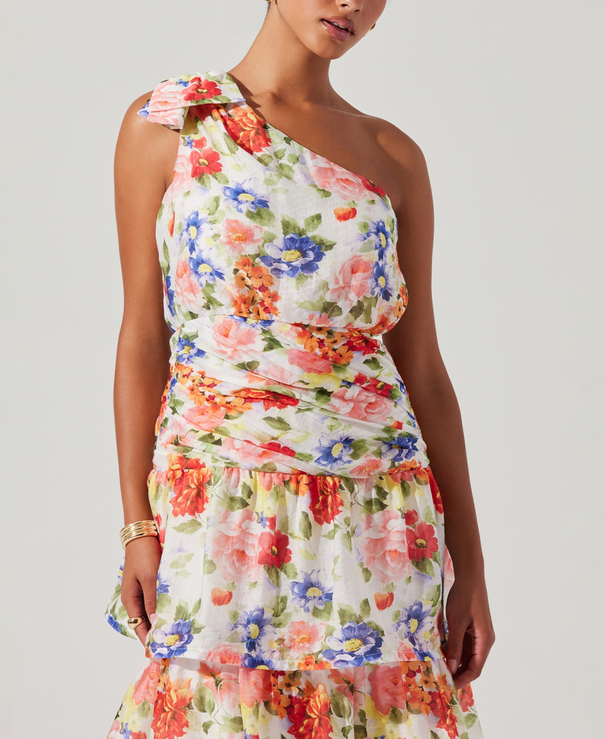 Astr The Label Natali Floral Print One-shoulder Tiered Dress In Multi