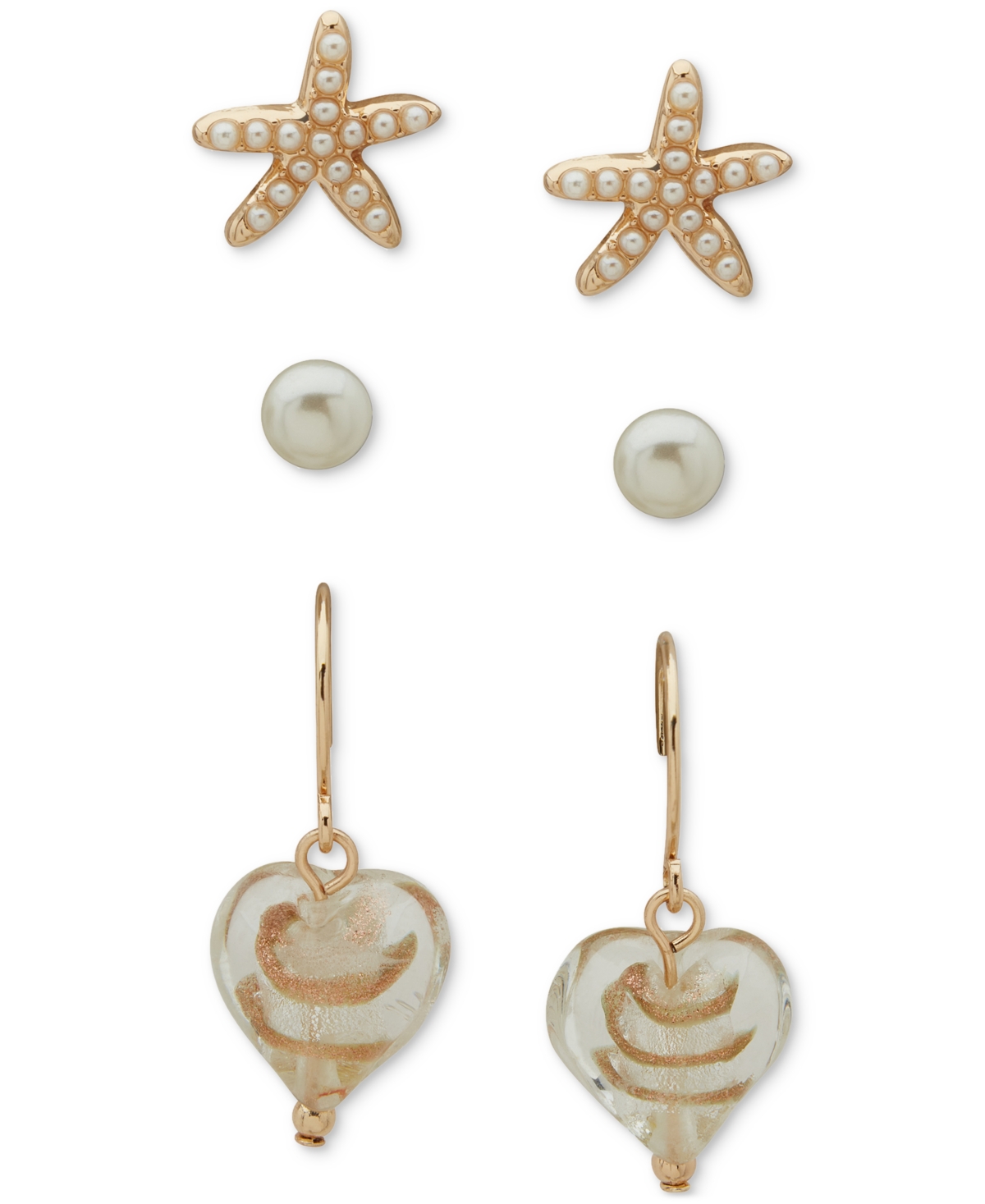 Gold-Tone 3-Pc. Set Imitation Pearl Stud & Stone Drop Earrings - White/Gold