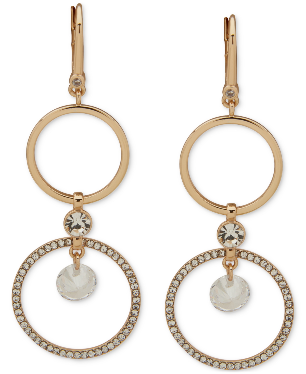 Dkny Gold-tone Crystal & Pave Double Circle Drop Earrings