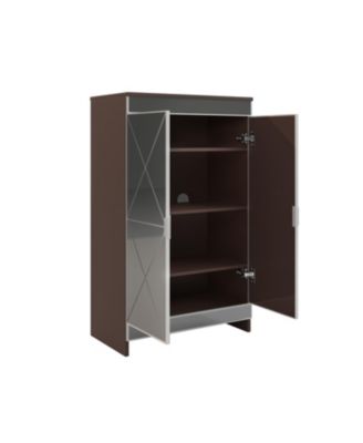 Elegant Decor Mirrored Cabinet with Silver Edging, Mirrored Cabinet with Double Door Storage, Shoe Storage Cabinet for Entryway, Glass+Brown Finish