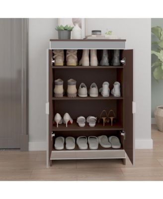 Elegant Decor Mirrored Cabinet with Silver Edging, Mirrored Cabinet with Double Door Storage, Shoe Storage Cabinet for Entryway, Glass+Brown Finish