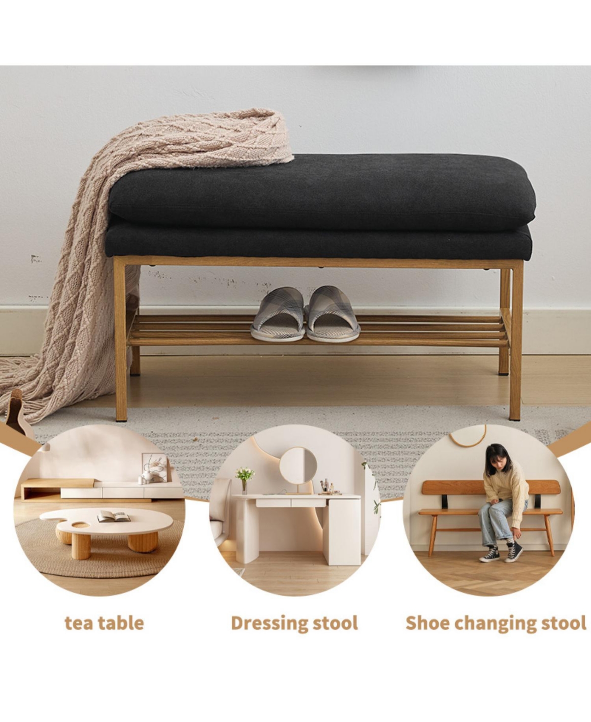 End of Bed Bench with Shelf, Linen Upholstered Storage Shoe Bench, Modern Bedroom Bench with Metal Legs for Living Room, Entryway, Dining Room, 300 Lb