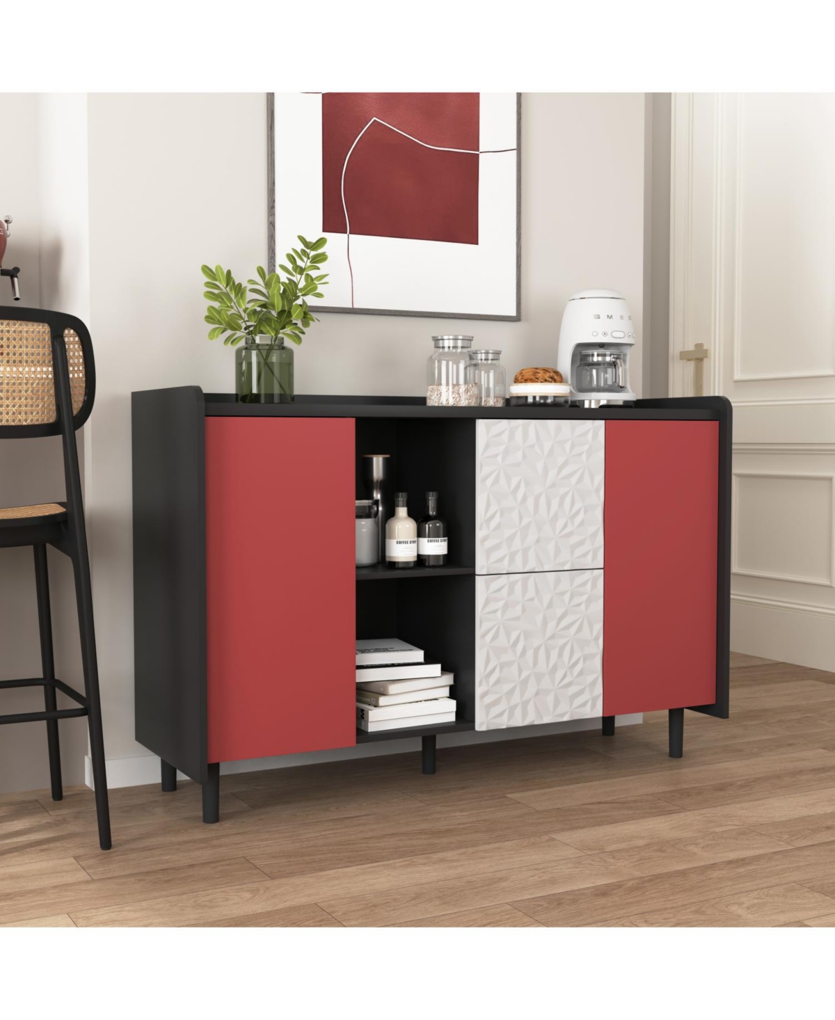 Sideboard Buffet Cabinet, Black Storage Cabinet with Red Doors, 2 Drawers with unique panel styling and 2 Open Storage Compartment, Modern Coffee Bar