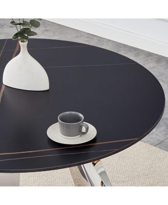 Round Table and 4 Black Chairs with Silver Metal Legs, Sintered Stone Tabletop