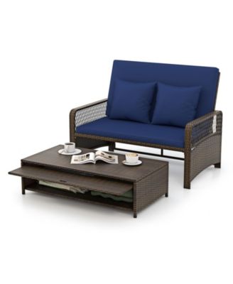 Patio Adjustable Wicker Daybed with 4-Level Backrest and Soft Cushions-Navy