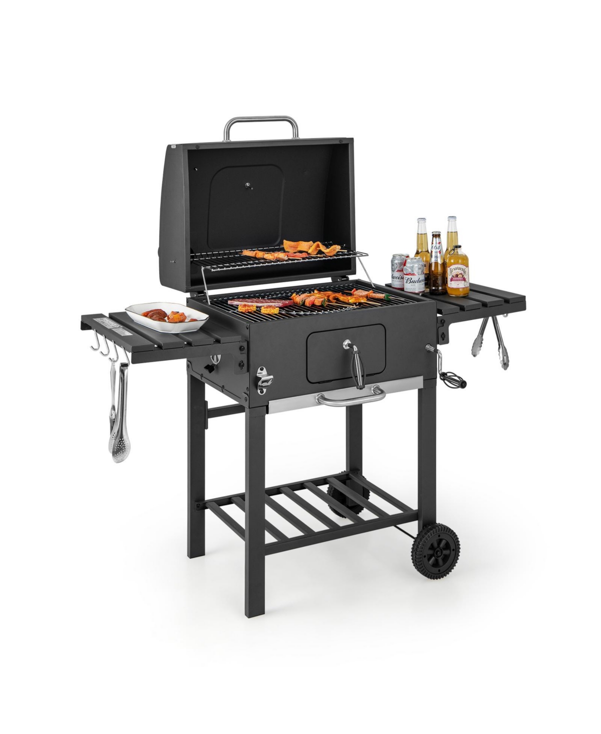 Outdoor Bbq Charcoal Grill with 2 Foldable Side Table and Wheels - Black