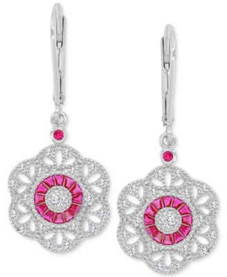 Pink & White Cubic Zirconia Openwork Flower Leverback Drop Earrings in Sterling Silver
