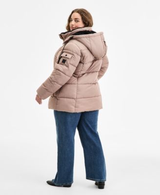 Plus Size Hooded Utility-Pocket Puffer Coat