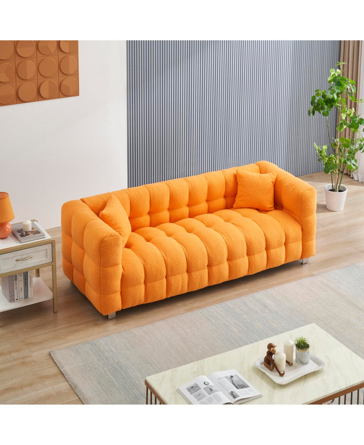 Streamdale Cozy 80" Orange Teddy Fleece Sofa with Pillows & Support