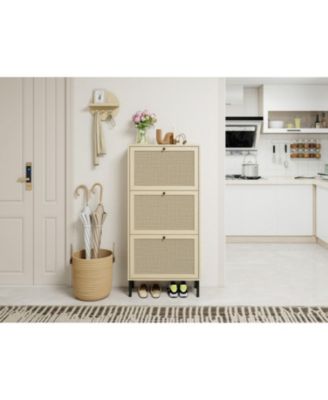Rattan 3 Door Shoe Rack, Freestanding Modern Shoe Storage Cabinet, for Entryway