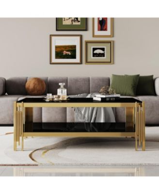 Streamdale Top and Bottom Double Layer Tempered Glass Coffee Table and Mirror Finished Stainless Steel Frame