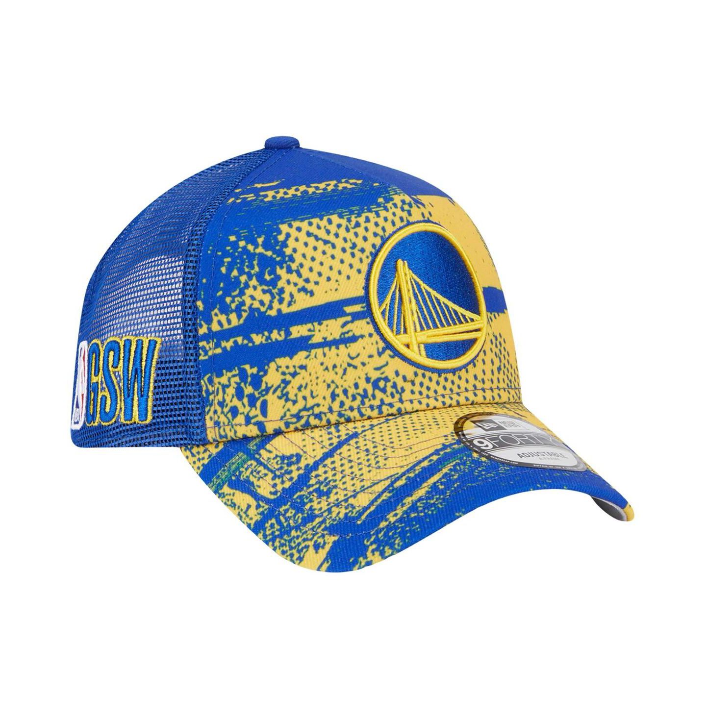 Мужская кепка New Era Royal/Gold Golden State Warriors Tip Off A-Frame Trucker 9FORTY Adjustable Hat — фото 1