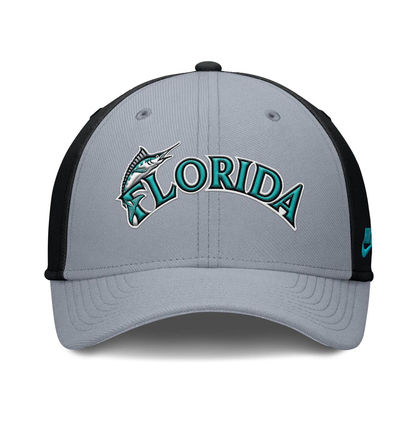 Мужская кепка Nike Gray/Black Florida Marlins Rise Swoosh Performance Flex Hat — фото 2