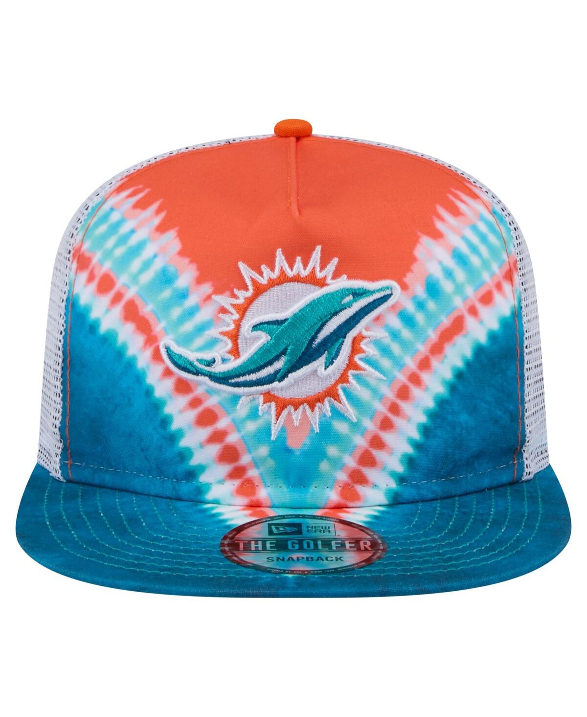 NEW ERA MEN'S ORANGE/AQUA MIAMI DOLPHINS THROWBACK DYE GOLFER SNAPBACK HAT 