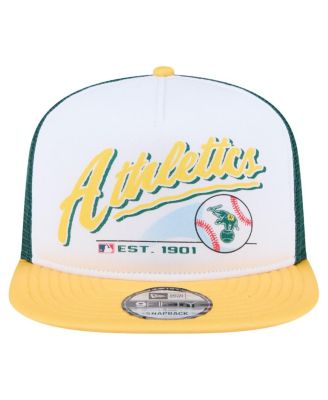 Мужская кепка-бейсболка Trucker 9FIFTY Snapback от New Era, выполненная в бело-золотом стиле Athletics Retro Script