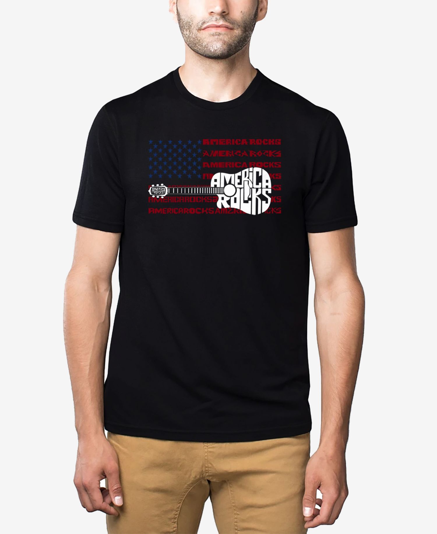 Men's Cotton/Poly Blend Word Art T-Shirt - America Rocks Guitar Flag