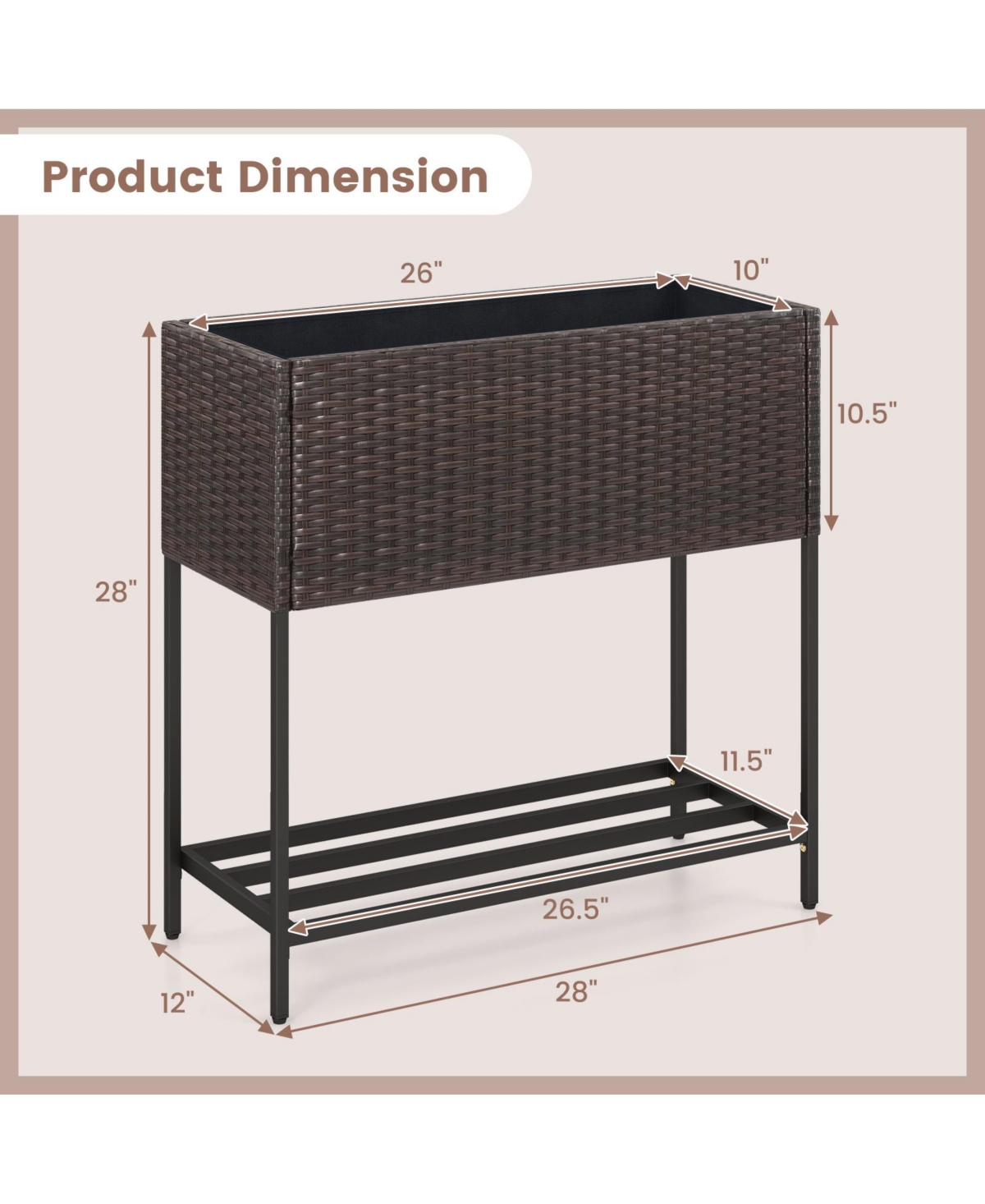 Wicker Raised Garden Bed with Storage Shelf and Removable Liner for Flowers