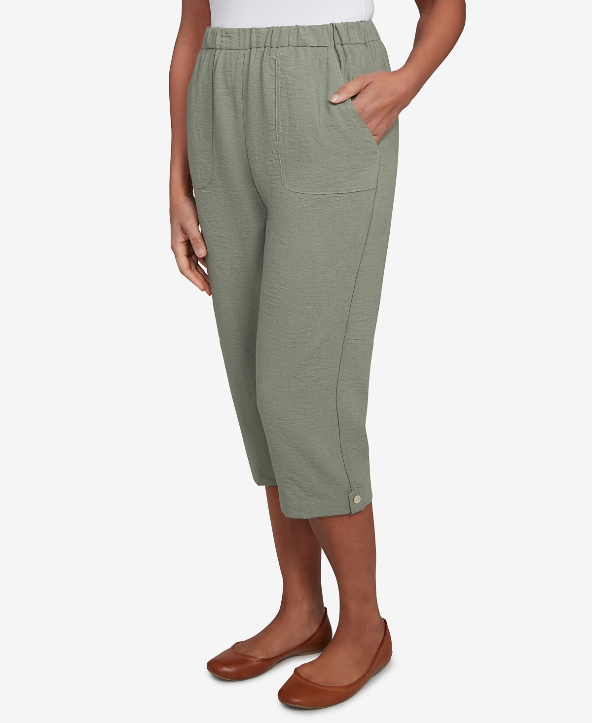 Alfred Dunner Petite Copper Canyon Button Tab Patch Pocket Capri Pants In Green