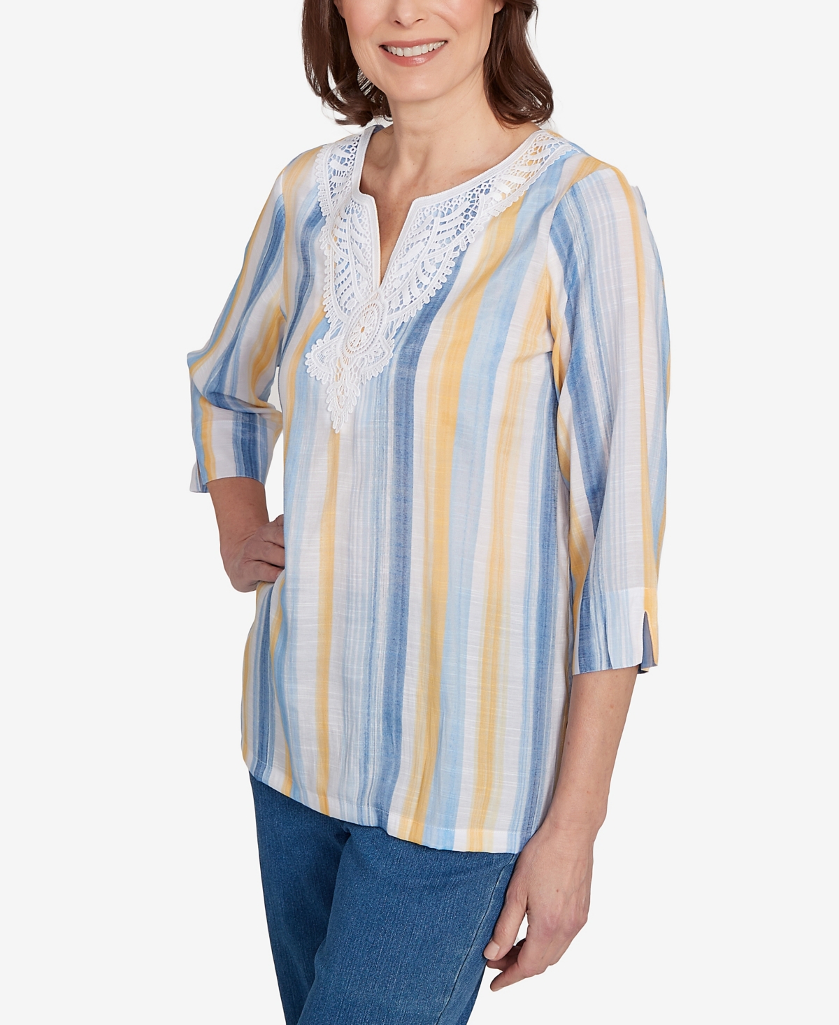 Alfred Dunner Petite Flower Power Striped Flower Detail Button Front Top