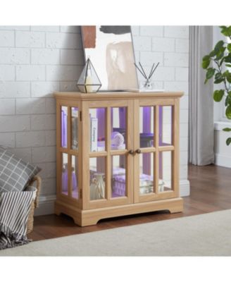 Antique LED Curio Display Cabinet, Adjustable Shelves, Lattice Doors, Oak Showcase