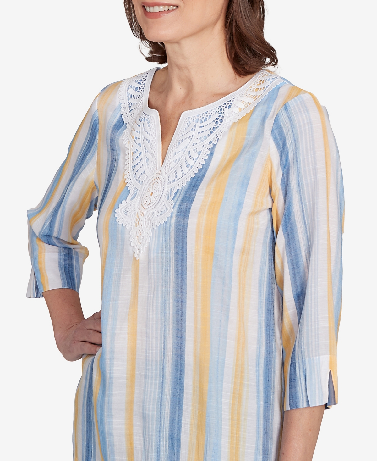 Alfred Dunner Petite Flower Power Striped Flower Detail Button Front Top