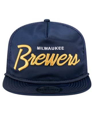 Мужская темно-синяя шляпа с регулируемой посадкой для гольфа New Era от Milwaukee Brewers в стиле ретро с атласной надписью