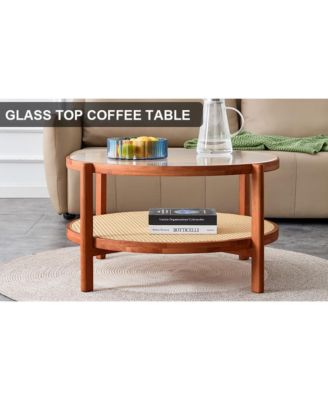 Modern Minimalist Solid Wood Coffee Table with Craft Glass Tabletop