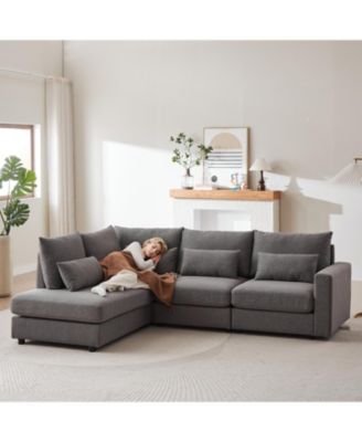 Streamdale 100" Convertible L-Shaped Linen Sofa with Ottoman & Cushions - Gray