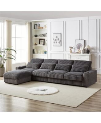 Streamdale 126" Corduroy L-Shaped Sofa w/ Cup Holder, USB, Pillows & Ottoman