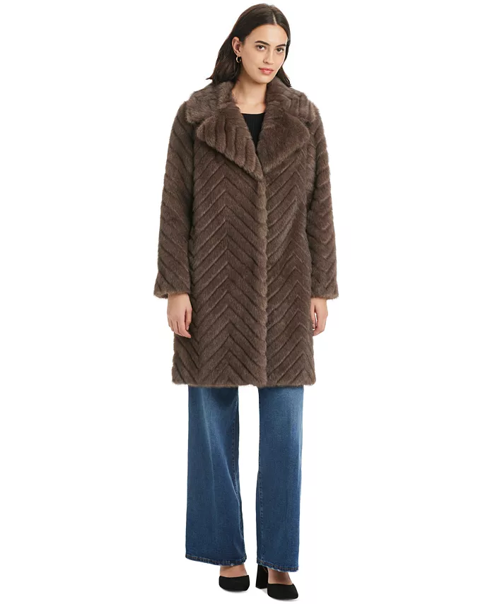 Women's Chevron Textured Faux-Fur Coat - thumbnail 8