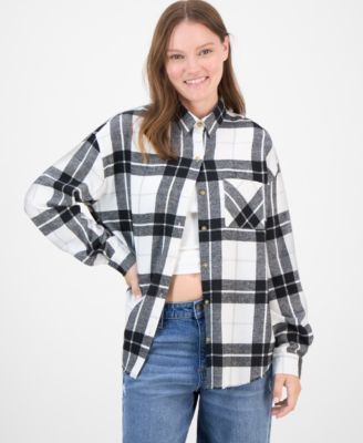 Just Polly - Juniors' Girlfriend Frayed-Hem Plaid Top