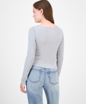 Juniors' Lace-Trim Sweetheart-Neck Knit Top